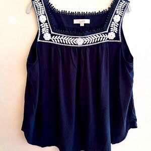 LOFT Navy Blue Tank Top with White Vine Embroidery Size XL